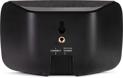 Diffusore wireless connesso Polk Audio SR2, vista posteriore che mostra i connettori di alimentazione e audio, cabinet nero opaco