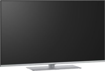Panasonic TV-65W93AE6 højdefinitions-tv, sort fladskærm, tynd sølvramme, rektangulært sølvstativ