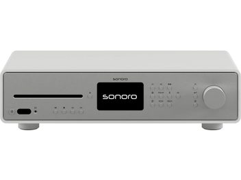 Système haute-fidélité Sonoro Maestro Quantum blanc mat - argent, vue de face, façade avec écran LCD et boutons de contrôle