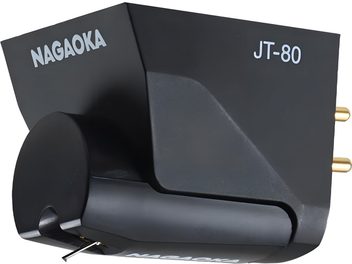 Matte black Nagaoka JT-80BK hi-fi cartridge in a plastic case, three-quarter front view, white lettering on the sides, three gold rear pins, and visible stylus tip