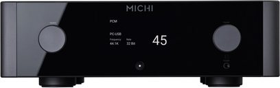 Michi P5 Series 2 stereo forforstærker, set forfra, sort kabinet, to store cirkulære drejeknapper, centralt display der viser "45"