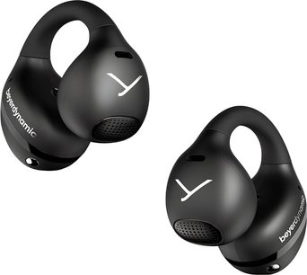 Słuchawki bezprzewodowe Beyerdynamic Amiron Zero, matowy czarny plastik, białe logo, perforowana siatka i pierścień, widok pod kątem trzy czwarte