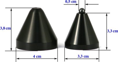 To kegleformede sorte Cold Ray Ceramic vibrationsdæmpere, dimensioner 4x3,8 cm og 3,3x3,3 cm