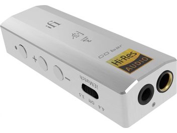 iFi Audio GO Bar Kensei Portable Audio Converter, rectangular metal casing, circular buttons, 4.4 mm and 3.5 mm audio connectors, Hi-Res Audio logo