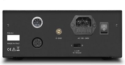 Alimentation séparée hi-fi Gold Note PSX-5.2 vue arrière avec prises secteur, connecteurs multipins et borne GND