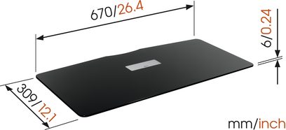 Ekstra Vogel's NEXT 7825 sort rektangulær hylde, set ovenfra med dimensioner i mm, 670 lang og 309 bred