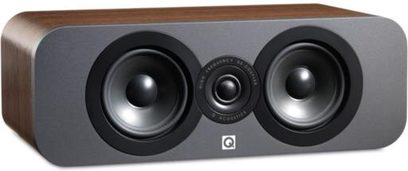 Černá a dřevěná centrální reprosoustava, pohled zepředu, 2 černé reproduktory, Q acoustics