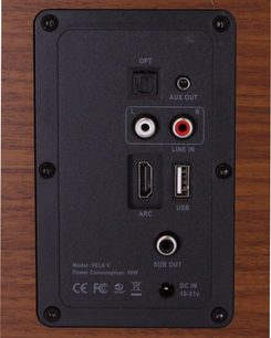 Cassa wireless Enova HIFI VELA V, vista posteriore, connessioni: OPT, AUX OUT, LINE IN, ARC, USB, SUB OUT, DC IN