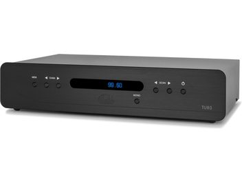 Tuner Atoll Electronique TU80 Signature schwarz, Frontblende mit blauer Anzeige, Tasten und Anschlüssen, Frontansicht