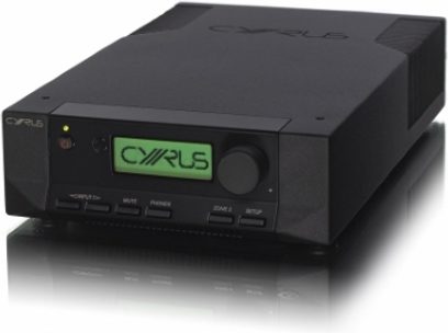 Cyrus 6 XP sort hi-fi stereforstærker, frontvisning, grøn "CYRUS"-skærm på sort front, knapper og tilslutninger