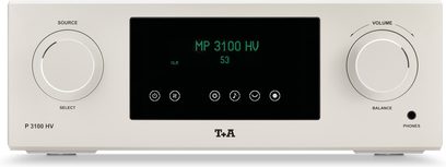 Silberner Stereo-Vorverstärker T+A P 3100 HV, von vorne gesehen, mit zentralem schwarzem Display und zwei großen Drehreglern