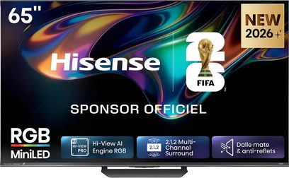 Hisense 65UR8S TV 65 tommer, set forfra, skærm med tynde kanter med abstrakt flerfarvet motiv
