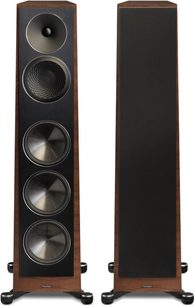 Paradigm Founder 100F floor-standing speakers in walnut, front and rear view, 4 speakers, tweeter, dark wood finish