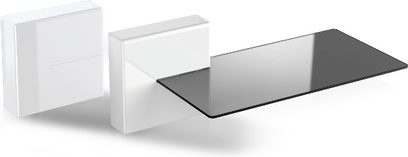 Trije beli moduli Meliconi Ghost Cubes Shelf, pravokotne oblike, votli, s črno polico, pogled od spredaj