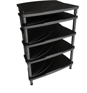 Bassocontinuo Lyra 2.1 sort Hi-Fi-møbel med 5 hylder set fra 3/4 vinkel, metalstruktur