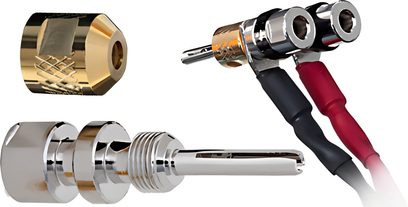 Bananenstecker und Cardas CABD-Gabelstecker aus verchromtem Metall und rotem und schwarzem Kunststoff, Vorder- und Schnittansicht