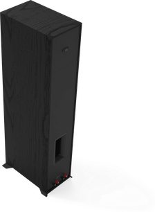 Klipsch R-600F črni stolpni zvočnik, pogled od spredaj, navpična pravokotna oblika, črna mrežica, vidna dva rdeča zvočnika