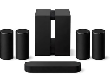 Musta Sony Bravia Theatre Trio -äänijärjestelmä, jossa soundbar, subwoofer ja neljä sylinterimäistä kaiutinta