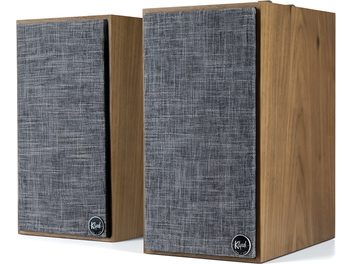 Акустична система Klipsch The Fives, пара, темне дерево, передня панель з сірої тканини, сріблястий логотип, вид спереду