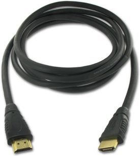 Sort HDMI-kabel Connect Research CH20002, med forgyldte HDMI-stik i enderne, set forfra på hvid baggrund
