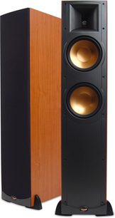 Sort og lyst træ gulvhøjttaler Klipsch RF-82 II, set forfra og fra siden, med to runde, forgyldte højttalere