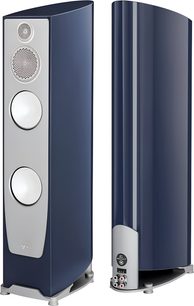 Paradigm Persona 7F gece mavisi cilalı bitişli kolon hoparlör, gümüş ön panel, delikli tweeter, perforajlı orta frekans hoparlörü ve iki metal woofer ile birlikte gri taban ve ayaklar, ön ve arka kombine görünüm