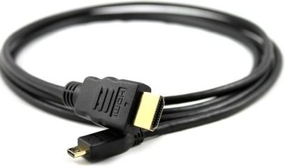 Czarny kabel HDMI HCS Micro HDMI 1,5 m, złocone złącza, widok z góry, kabel zwinięty w pętlę