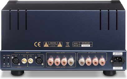 Amplificatore PrimaLuna EVO 400 Tube Power argento, pannello frontale con connettori audio e regolazioni, vista frontale