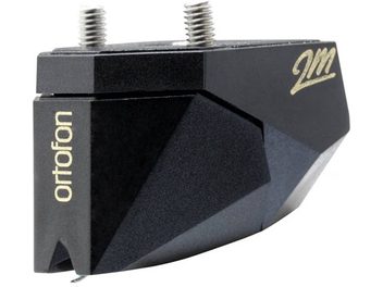 Ortofon 2M Black platin vinil hücresi, siyah ve gümüş renkli, üç çeyrek arka görünüş