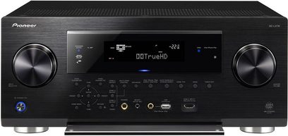 Pioneer SC-LX76 sort hjemmebiografsforstærker, frontpanel, frontvisning, 2 drejeknopper, LCD-skærm, USB- og HDMI-porte