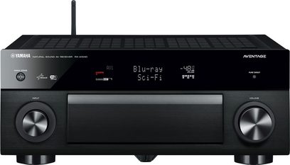 Yamaha RX-A1040 sort hjemmebiografsforstærker, sort front, blå display, sølvfarvede knapper og drejeknapper, 2 sorte drejeknapper