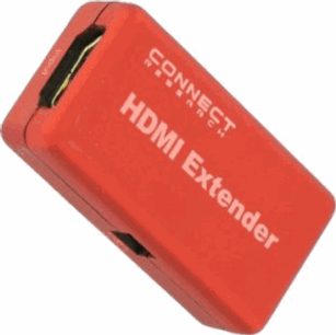 Prodloužené obdélníkové červené plastové pouzdro s bílým nápisem „CONNECT HDMI Extender CBH002“ na horní straně