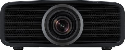 JVC DLA-NZ500B black projector, front view, large central lens, horizontal ventilation grille, adjustable feet