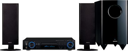 Onkyo LS-V501 sort hjemmebiograf-system, central forstærker, 4 højttalere, subwoofer, på hvid baggrund