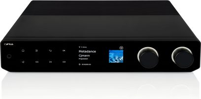 Cyrus 80 AMP black stereo integrated amplifier, front view, central color display and two large rotary knobs