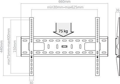 Teknisk diagram med dimensioner af en fast vægbeslag til TV-skærme fra 30 til 65 tommer op til 75 kg, set ovenfra