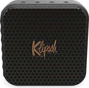 Altoparlante Bluetooth Klipsch Austin quadrato nero, griglia a nido d'ape, logo dorato, 4 pulsanti sulla parte superiore