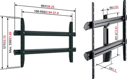 Vogel's EFW 6405 black metal wall-mount TV support, front view with dimensions, 2 articulated horizontal and vertical arms