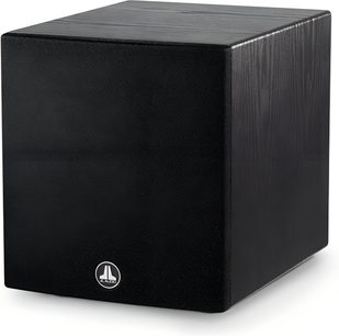 JL Audio Dominion D108 baskabin i sortbejdset eg, kubisk form, sort frontpanel, mørkt træmønster på siderne