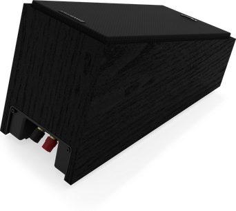 Enceinte Klipsch R-40SA noire, vue de dessus en perspective, forme trapézoïdale, grille noire, connecteurs rouges et noirs