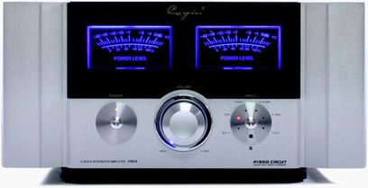 Cayin H-80A stereo hi-fi-forstærker, sølvfarvet front med 2 blå vu-metre, knapper og stik på forsiden