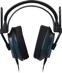 Fostex T60RP Mk2 Ai hi-fi-hovedtelefoner, sort hovedbøjle, store rektangulære ørepuder i blå træfinish, set forfra