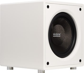 Velodyne VI-Q 12 witte subwoofer, driekwartaanzicht met zwarte luidspreker op witte voorkant