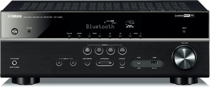 Yamaha RX-V483 Schwarz Heimkino-Verstärker, Frontansicht, blaue Anzeige, Tasten und Anschlüsse an der Vorderseite, Lautstärkeregler rechts