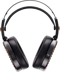 FiiO FT7 sort, åben, kablet hi-fi-hovedtelefon med dobbelt metalbøjle, circumaurale ørepuder i perforeret kunstlæder, sidekapsler med kulfiberlook, set forfra