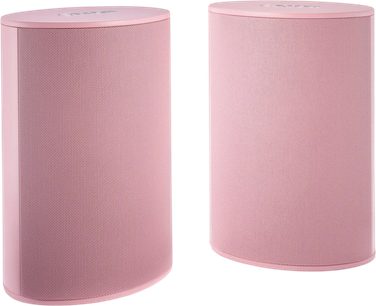 Paar kompakte Hi-Fi-Lautsprecher Canton Puro 30 in Rosa, Vorderansicht mit abgerundetem Gitter in Pastellrosa