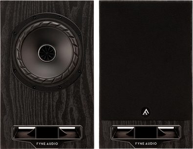 Bogreolshøjttaler Fyne Audio F5E, set forfra, mørk træfinish, centralt højttalerelement, aftagelig sort frontgrill