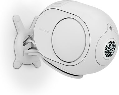 Supporto per diffusore DEVIALET GECKO - Phantom II bianco, vista frontale, in plastica bianca liscia dalla forma arrotondata con griglia nera