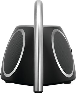 Harman Kardon Go + Play trådløs højttaler i sort, set forfra, vertikal cylindrisk form, ovale sorte sidegittere