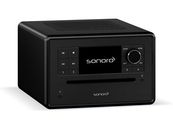 Radio de table Sonoro Elite noir, boîtier rectangulaire, écran central, boutons latéraux et fente CD frontale